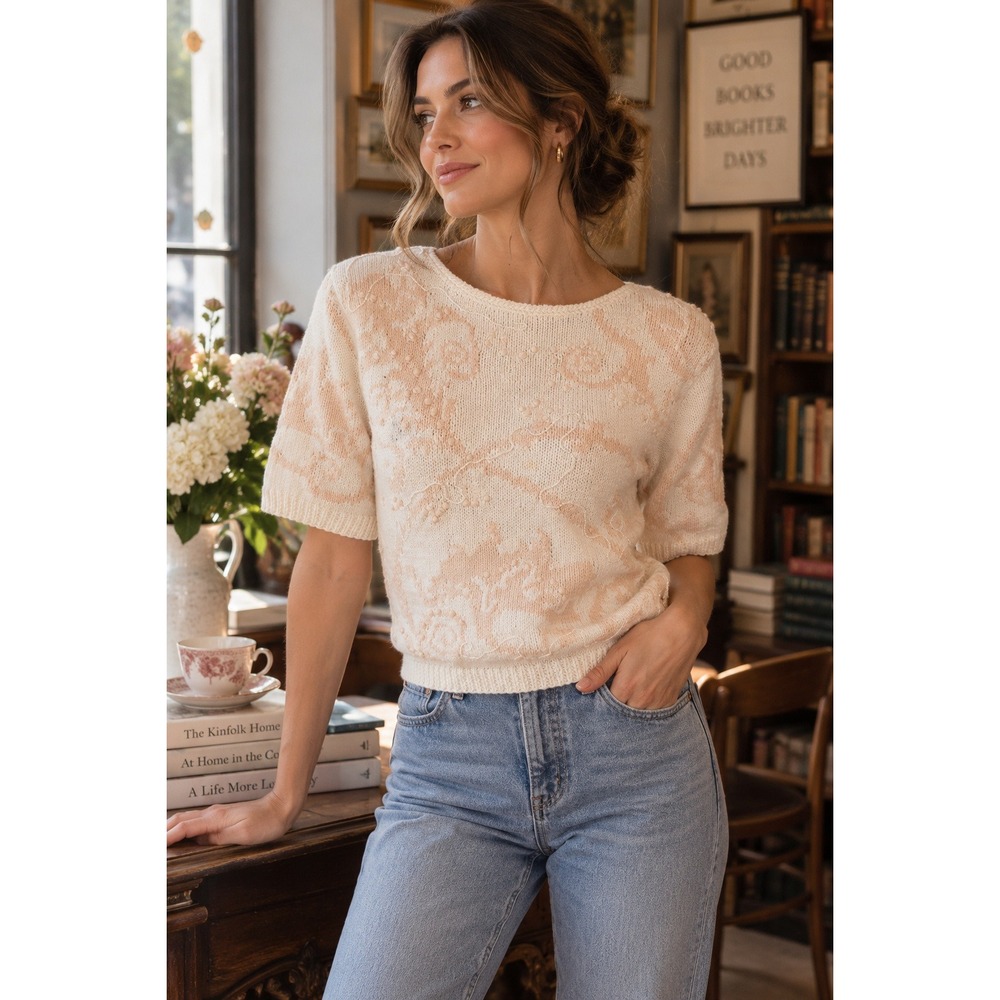 Needleworks Petites Vintage Beaded Floral Knit Sweater Ramie Cotton Cream Peach